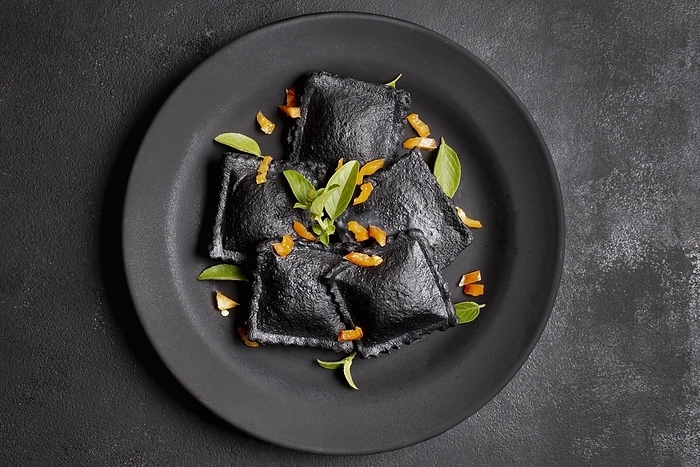 Minimalist flat lay black ravioli plate, by Oleksandr Latkun