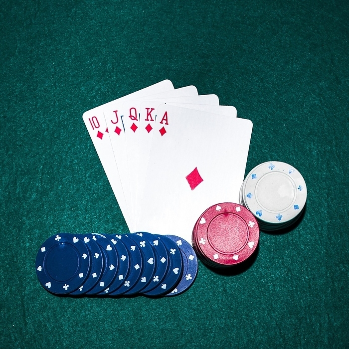 Royal flush playing card casino chips poker table, by Oleksandr Latkun
