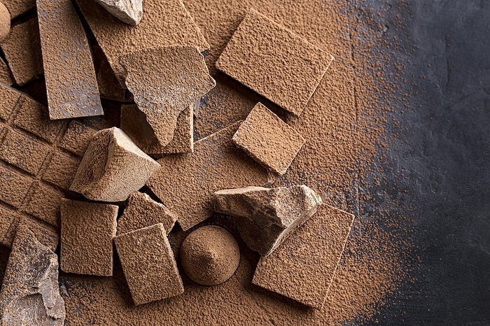Flat lay candy with chocolate cocoa powder, by Oleksandr Latkun