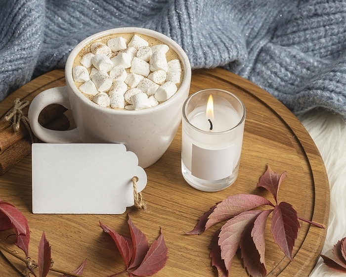 High angle cup hot cocoa with marshmallows candle, by Oleksandr Latkun