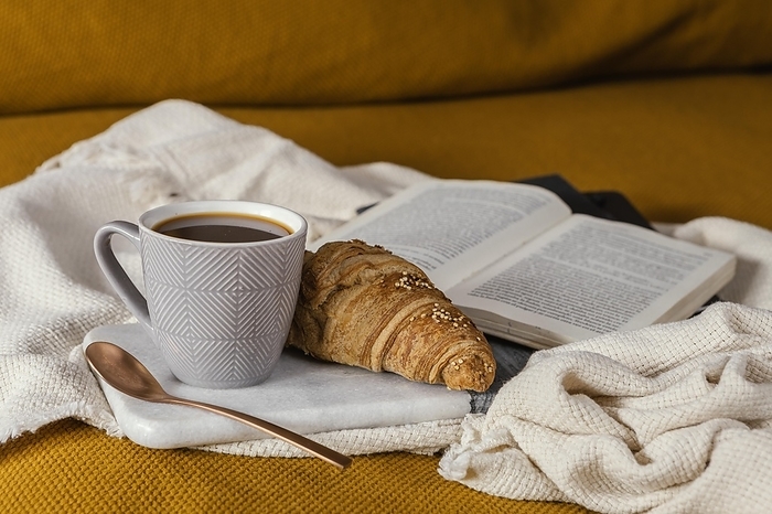 Breakfast bed with croissant coffee, by Oleksandr Latkun