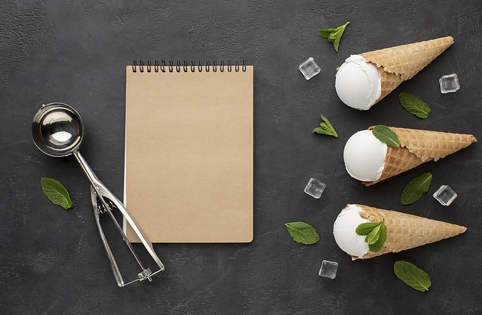 Notebook with ice cream cones with ice cubes, by Oleksandr Latkun