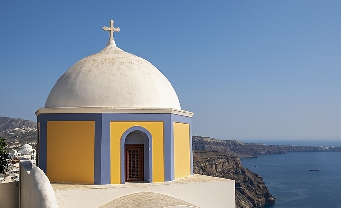 Sea view and Dome of Catholic Church of Saint Stylianos, Fira, Santorini, Greece, Europe, by Petr Svarc