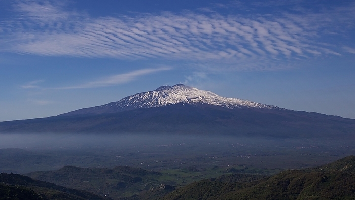 Altocumulus clouds, spring, green landscape, Etna, snow-capped peak, volcano, Eastern Sicily, Sicily, Italy, Europe, by Ralf Adler