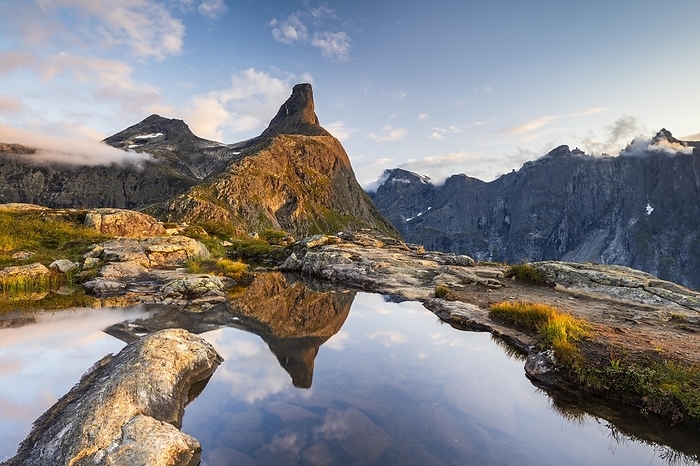 Romsdalshornet mountain reflected in mountain lake, Åndalsnes, Møre og Romsdal, Norway, Europe, by Robert Haasmann