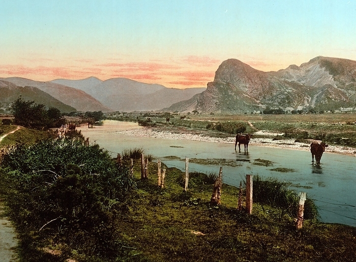 Landscape of the Dyssyni valley and Cader Idris ridge, 1880, Wales, Historical, digitally enhanced reproduction of a photochrome print of the time, by Sunny Celeste