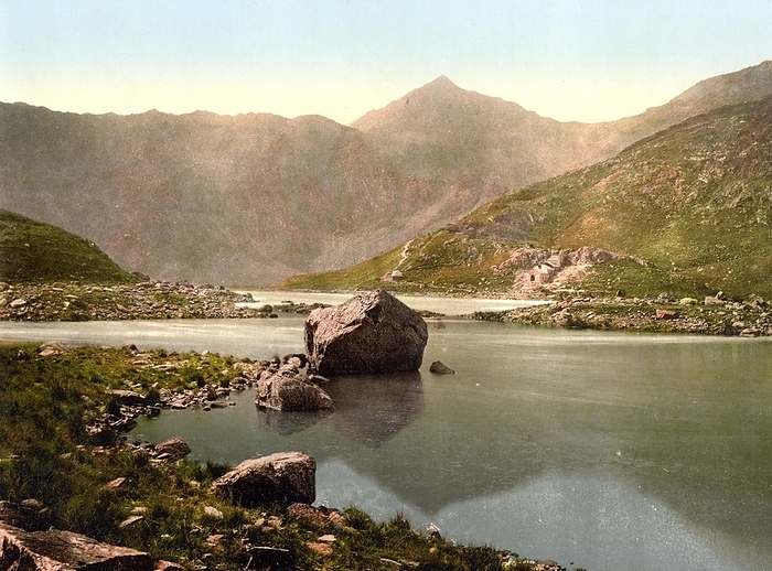 Snowdon or Yr Wyddfa is the highest mountain in Wales, seen from Lynllydaw, 1880, Wales, Historical, digitally enhanced reproduction of a photochrome print of the time, by Sunny Celeste