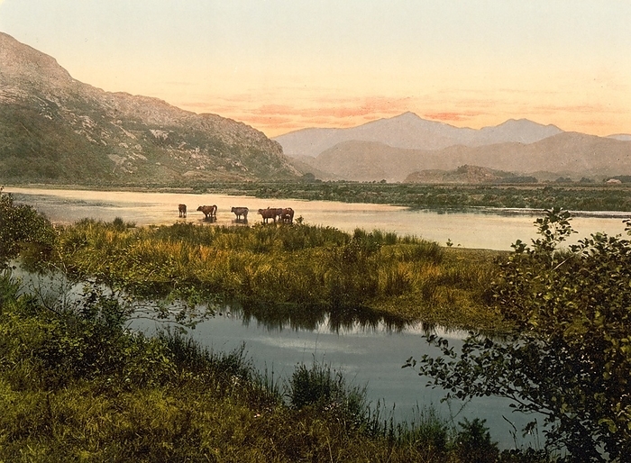 Snowdon or Yr Wyddfa is the highest mountain in Wales, seen from Glaslyn, 1880, Wales, Historical, digitally enhanced reproduction of a photochrome print of the time, by Sunny Celeste