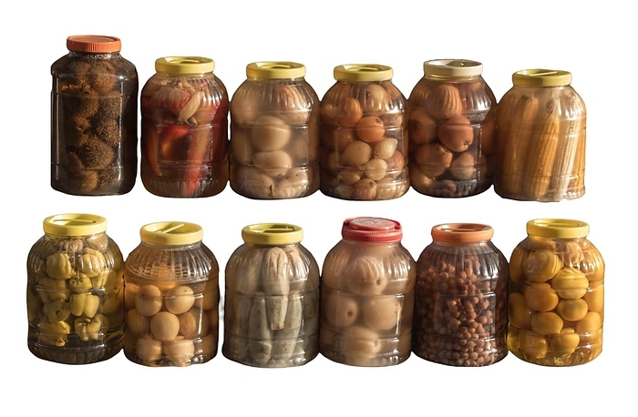 Plastic bottles preserved vegetables. Canned food in Plastic bottles. Grocery conserve containers, by unknown