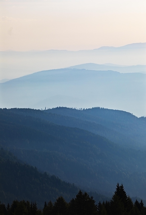 Mountain silhouette, mountains at dawn with view into the Klagenfurt basin, Gerlitzen, Gerlitzen Alpe, Nockberge, Gurktaler Alps, Carinthia, Austria, Europe, by Wolfgang Weinhäupl