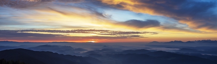 Mountain silhouette, sunrise on the Gerlitzen with view into the Klagenfurt basin, Gerlitzen Alpe, Nockberge, Gurktaler Alps, Carinthia, Austria, Europe, by Wolfgang Weinhäupl