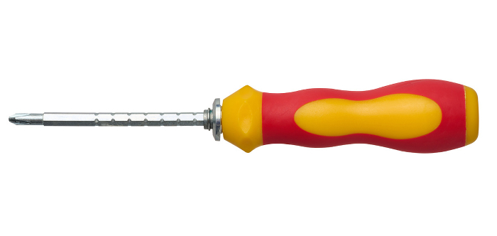 Screwdriver with rubber red handle on isolated background, close up Screwdriver with rubber red handle on isolated background, close up
