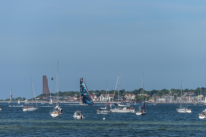 Germany Sailing regatta, Ocean Race 2023, fly by, US team, 11th Hour Racing, Baltic Sea resort Laboe, Naval Memorial, Kiel Fjord, Baltic Sea, Probstei landscape, Pl n district, sailing, yacht, professional, circumnavigation, sailing, major event, people, skipper, shore, escort boats, helicopters, Schleswig Holstein, Germany, Europe, by Wolfgang Diederich