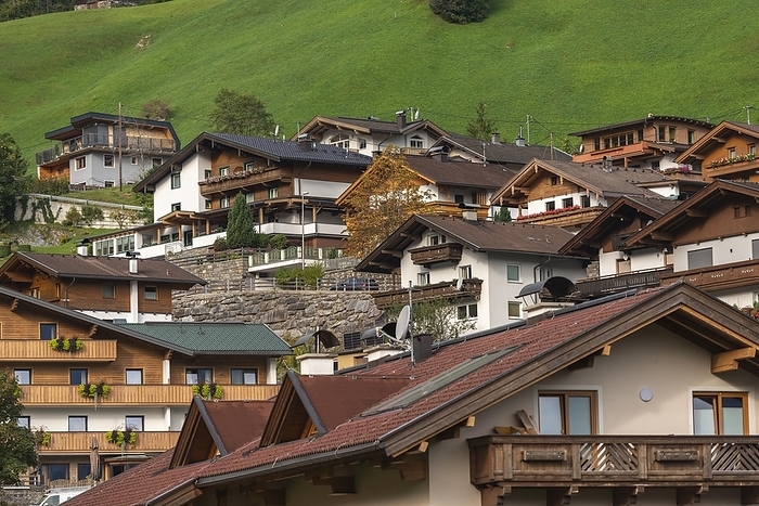 Austria Holiday resort Finkenberg  850m , typical houses, hillside location, wooden gables, detail, Tux Valley, Tyrol, Zillertal Alps, Austria, Europe, by Wolfgang Diederich
