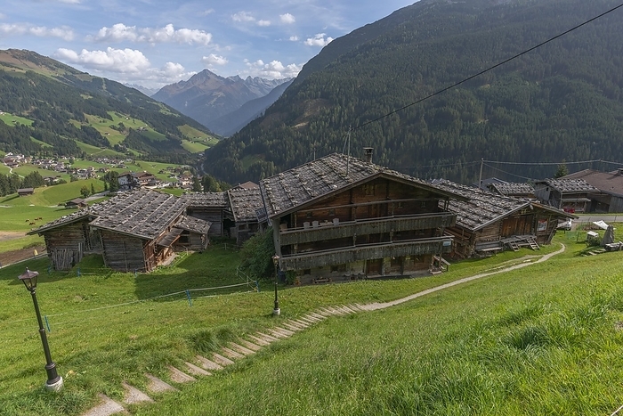 Historic farmhouses in the hamlet of Gemais, former Schwaighof, monument protection, cultural heritage, timber construction, roof construction, from above, Tux, Tux Valley, Zillertal Alps, by Wolfgang Diederich