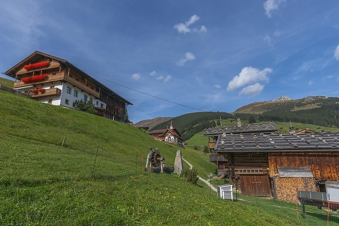 Historic farmhouses in the hamlet of Gemais, former Schwaighof farm, listed building, cultural heritage, timber construction, roof construction, rosary chapel, farmhouse, blue sky, Tux, Tux Valley, Zillertal Alps, by Wolfgang Diederich