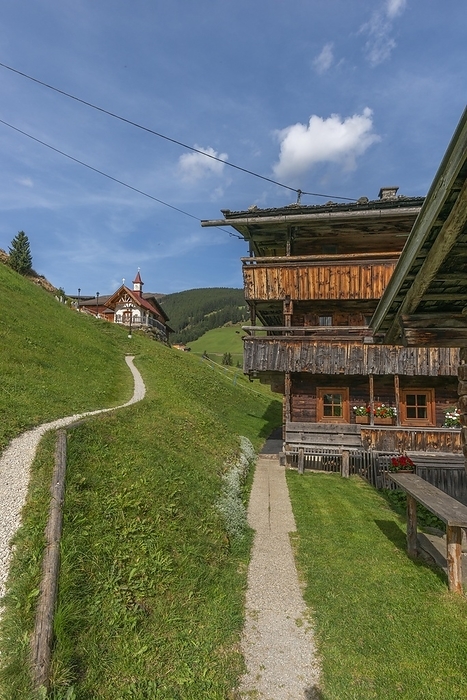 Historic farmhouses in the hamlet of Gemais, former Schwaighof farm, listed building, cultural heritage, wooden construction, Rosenkranzkapelle chapel, path, blue sky, Tux, Tux Valley, Zillertal Alps, by Wolfgang Diederich