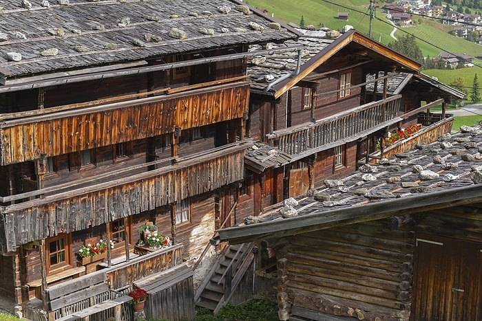 Historic farmhouses in the hamlet of Gemais, former Schwaighof, monument protection, cultural heritage, timber construction, roof construction, blue sky, from above, Tux, Tux Valley, Zillertal Alps, by Wolfgang Diederich