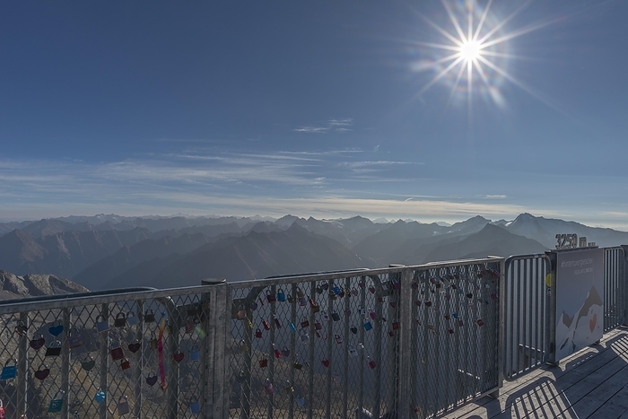 Austria View of the alpine mountain world, panoramic terrace  3   250m , Hintertux Glacier, love locks, backlight, Hintertux, Tuxtal, Zillertal Alps, Tyrol, Austria, Europe, by Wolfgang Diederich