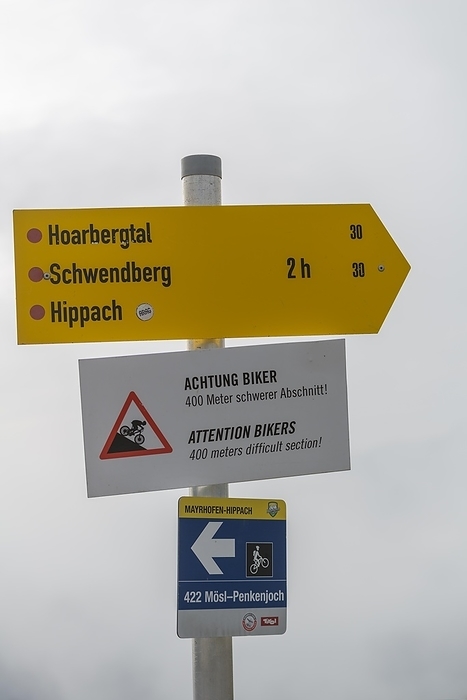 Austria Signposts for bikers and hikers, warning, Penken, Penkenjoch  2   095m , municipality of Finkenberg, Tux Valley, Zillertal Alps, alpine mountains, Tyrol, Austria, Europe, by Wolfgang Diederich