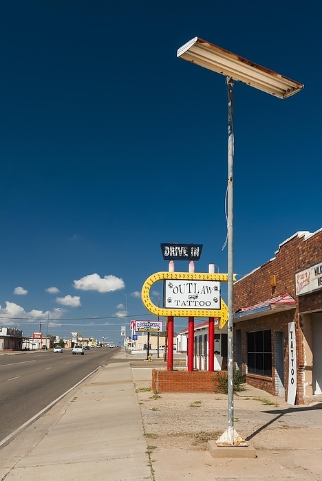 America Tattoo studio, drive in, old street lamp, street, blue sky, historical, history, design, cult, Route 66, USA, North America, by Franzel Drepper