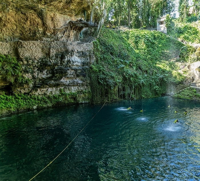 Mexico People swimming in Cenote Zaci carboniferous limestone swallow hole pool, Vallodolid, Yucatan, Mexico, Central America, by Ian Murray