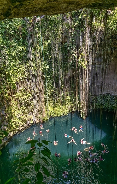 Mexico People swimming in limestone sinkhole pool, Cenote Ik kil, Pist , Yucatan, Mexico, Central America, by Ian Murray