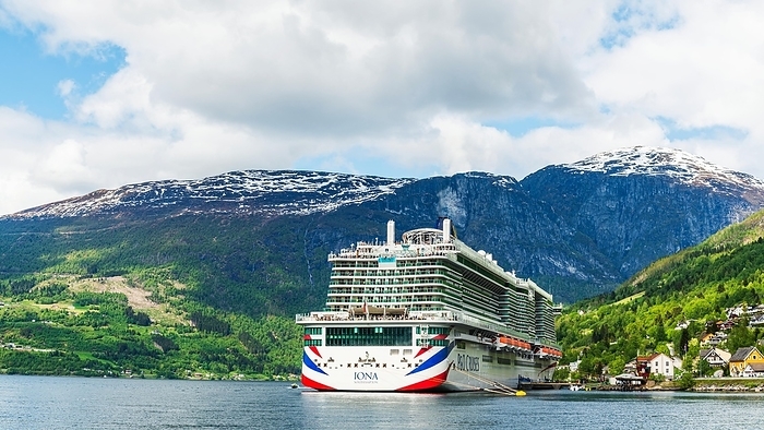 Norway Cruise ship, IONA PandO CRUISES, Mountains and Fiord from a drone, Olden, Innvikfjorden, Norway, Europe, by Maciej Olszewski