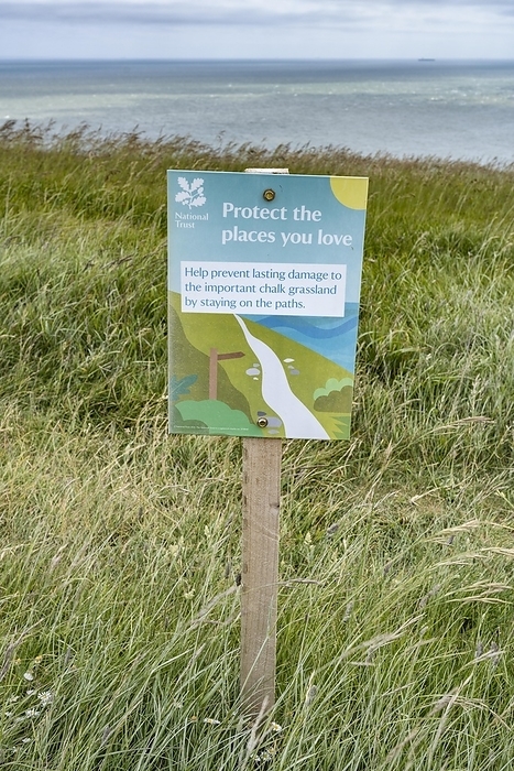 Conservation compliance sign on the footpath along the chalk cliffs of Dover, Kent, English Channel, England, United Kingdom, Europe, by Markus Keller