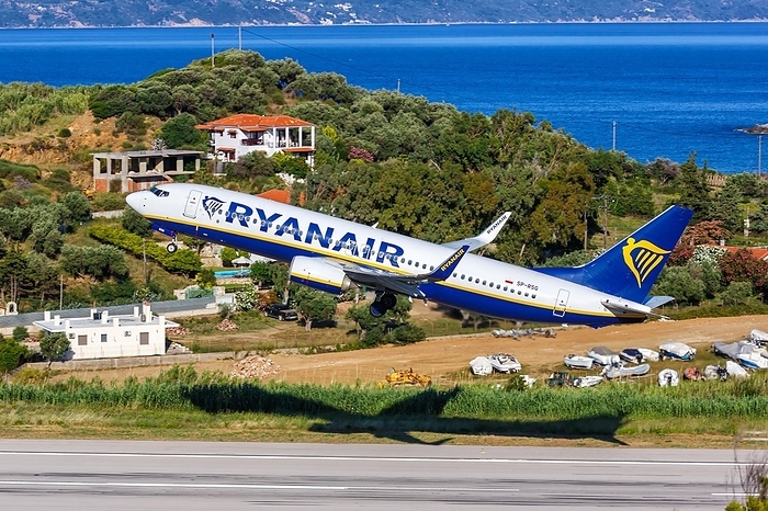 Greece A Ryanair Boeing 737 800 aircraft with the registration SP RSG at Skiathos Airport, Greece, Europe, by Markus Mainka