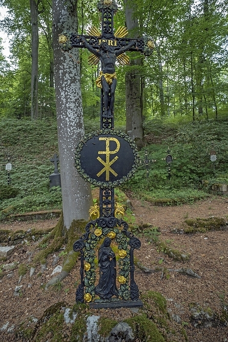 Germany Historical grave cross around 1830 in a funeral forest, Upper Franconia, Bavaria, Germany, Europe, by Helmut Meyer zur Capellen