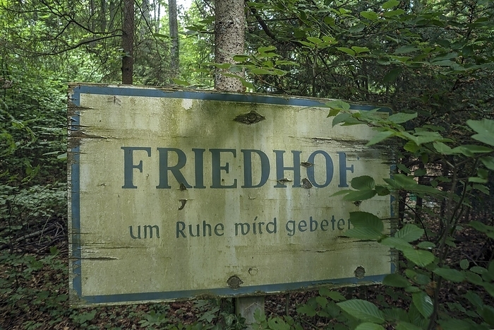 Germany Sign in an existing burial forest since 1820, Upper Franconia, Bavaria, Germany, Europe, by Helmut Meyer zur Capellen