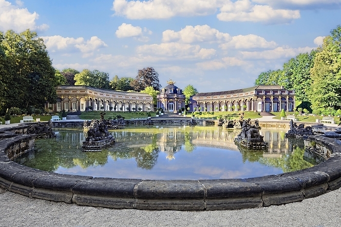 Germany New Palace, orangery with central sun temple, circular buildings on both sides with arcade tract and golden quadriga on the roof, water basin in front of it Upper Grotto, Eremitage, historical park, park, garden, landscape park, Rococo, built from 1715, Eremitage district, Bayreuth, Upper Franconia, Franconia, Bavaria, Germany, Europe, by Norbert Probst