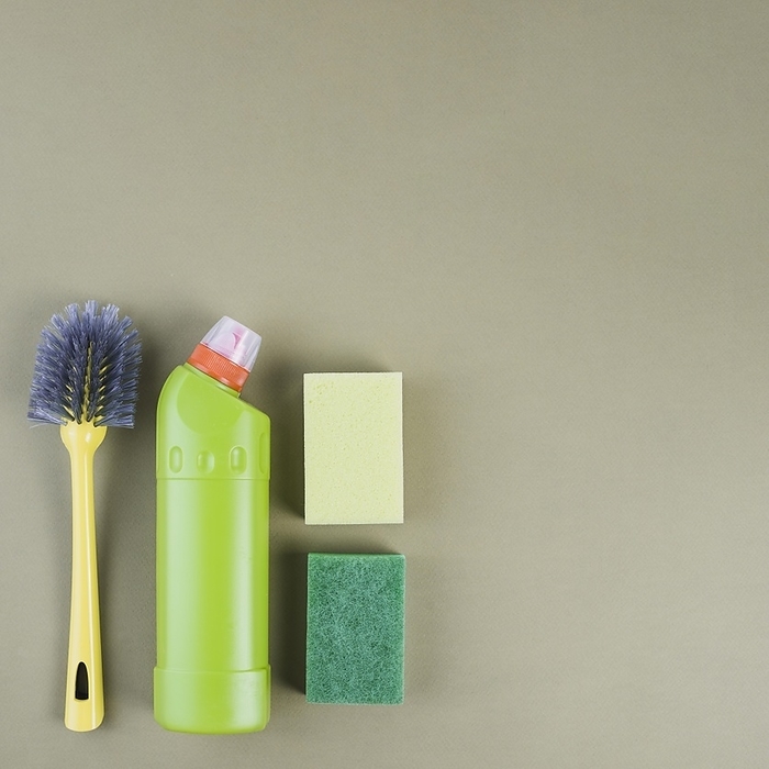 Detergent bottle brush sponge colored background, by Oleksandr Latkun