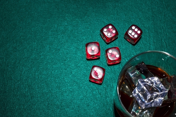 Red dices whiskey glass with ice cubes poker table, by Oleksandr Latkun