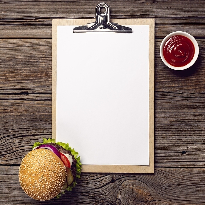 Top view burger with mock up clipboard, by Oleksandr Latkun