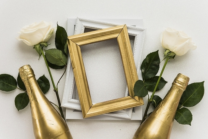 Elevated view picture frames with two roses champagne bottle white surface, by Oleksandr Latkun