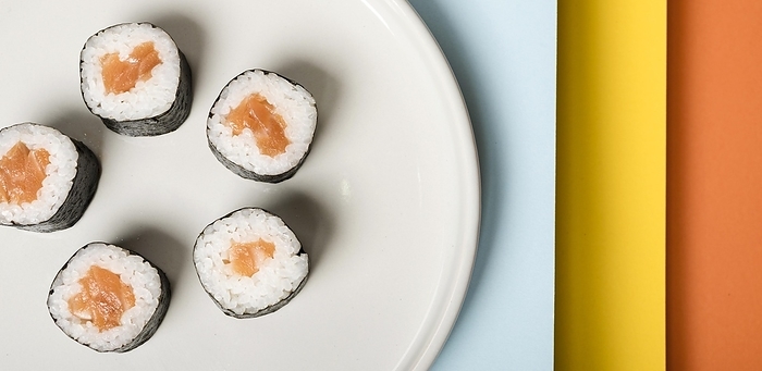 Minimalist plate with sushi rolls close up, by Oleksandr Latkun