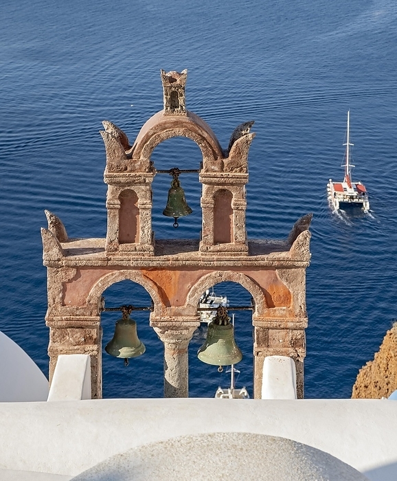 Greece Old belfry wiith yacht and blue sea, Ia, Oia, Santorini, Greece, Europe, by Petr Svarc