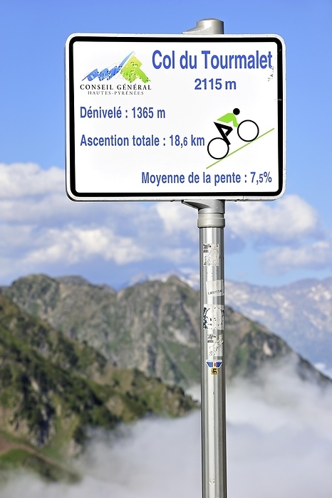 France Sign telling angle of inclination for cyclists cycling the Col du Tourmalet in the Pyrenees, France, Europe, by alimdi   Arterra