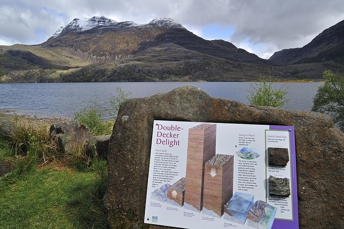 Scotland Loch Maree and information panel about the mountain Slioch in Wester Ross, Highlands, Scotland, UK, by alimdi   Arterra   Philippe Cl ment