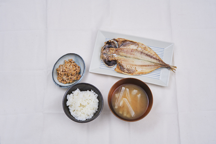 Rice Fish  horse mackerel  Natto  natto  Miso soup  radish  Photographed in February 2024