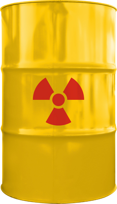 Radioactive waste drums seen from the front