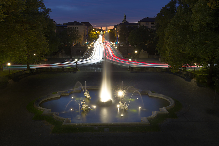Illuminated fountain at the Friedensengel in Munich Illuminated fountain at the Friedensengel in Munich, by Zoonar Harald Biebel