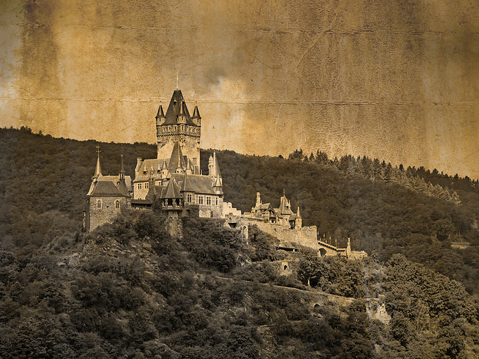 Exterior view of the Castle Reichsburg at Cochem, Germany, in vintage look Exterior view of the Castle Reichsburg at Cochem, Germany, in vintage look, by Zoonar Katrin May