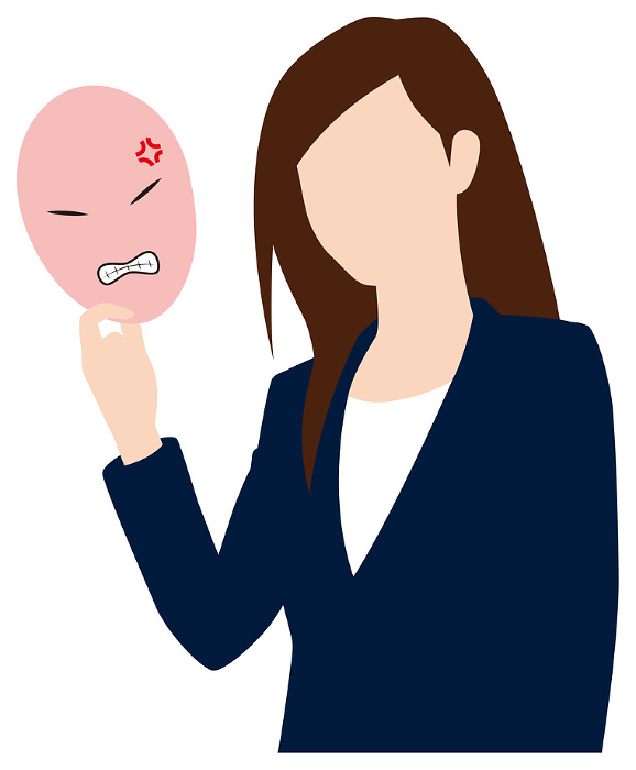 Female businessman unmasking angry face