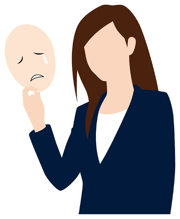 Female businessman unmasking crying face