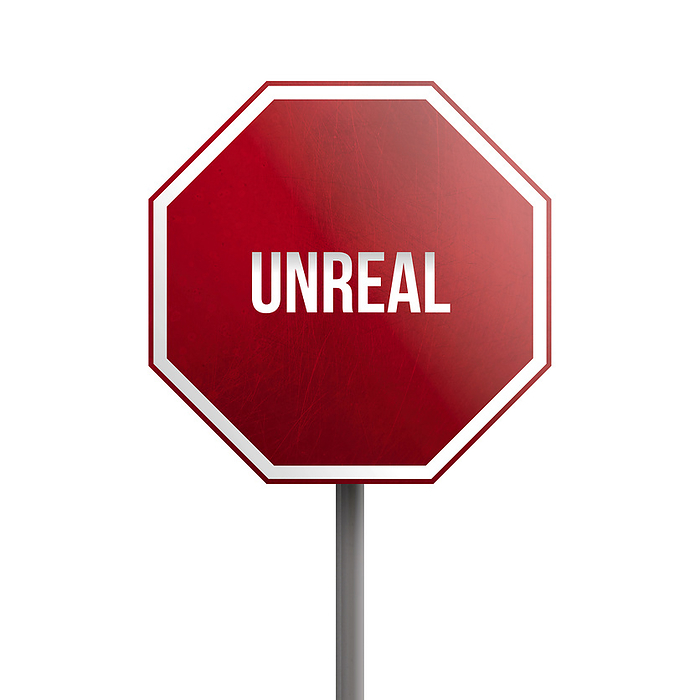 unreal   red sign isolated on white background unreal   red sign isolated on white background, by Zoonar Markus Beck