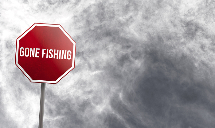 gone fishing   red sign with clouds in background gone fishing   red sign with clouds in background, by Zoonar Markus Beck