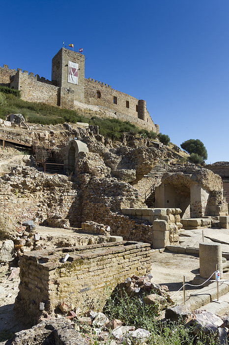 Old Roman Theatre and castle, Medellin, Badajoz, Extremadura, Spain Old Roman Theatre and castle, Medellin, Badajoz, Extremadura, Spain, by Zoonar Francisco Jav